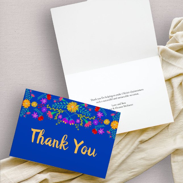 Mexican Fiesta Flowers Royal Blue  Thank You Card (Royal Blue mexican fiesta floral thank you card)