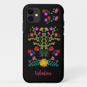 Mexican Fiesta Folk Art Flowers Black Personalized Case-Mate iPhone Case