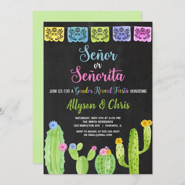 Mexican fiesta gender reveal invitation (Front/Back)