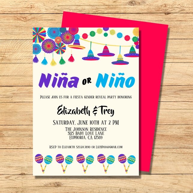 Mexican Fiesta Gender Reveal Niña or Niño Invitation (Celebrate the gender of your new baby with these fun fiesta gender reveal invitations.)