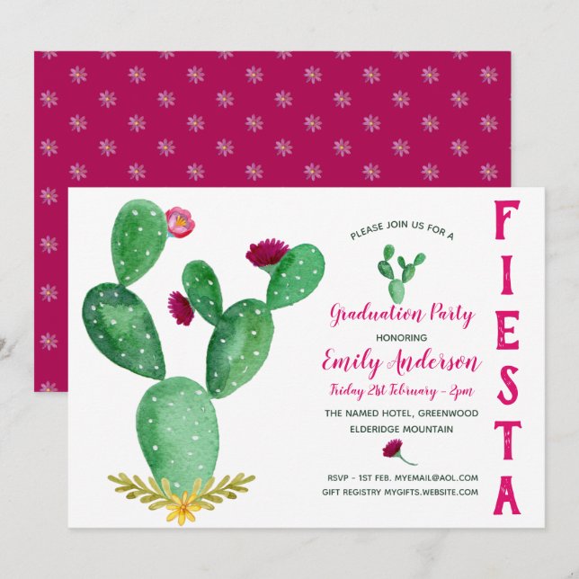 Mexican Fiesta Graduation Invitation Cacti Pink (Front/Back)
