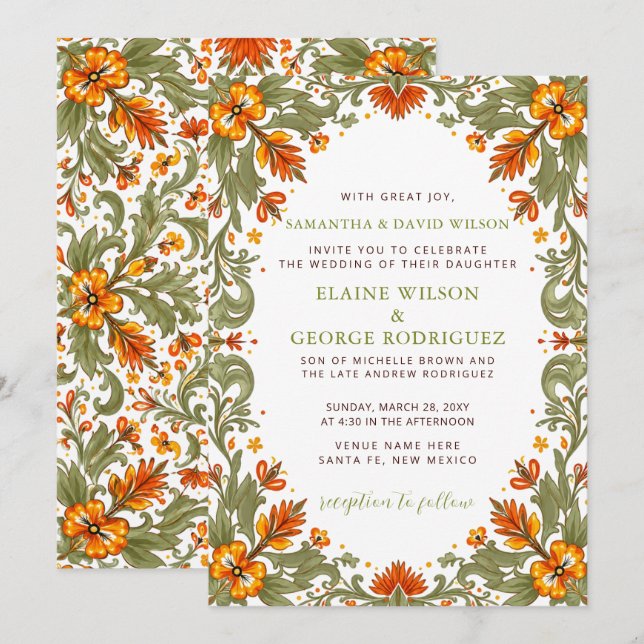 Mexican Fiesta Green Talavera Wedding Invitation (Front/Back)