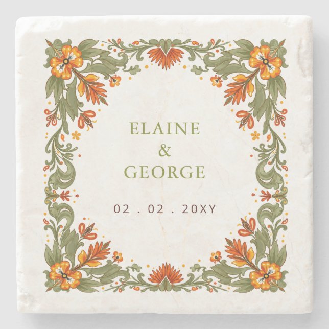 Mexican Fiesta Green Talavera Wedding Stone Coaster (Front)