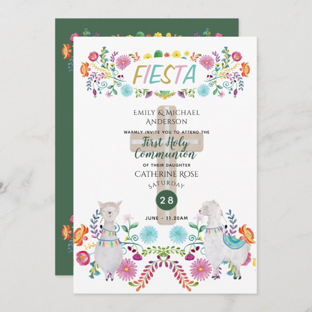 Mexican Fiesta HOLY COMMUNION Folk Flowers Llama Invitation (Front/Back)