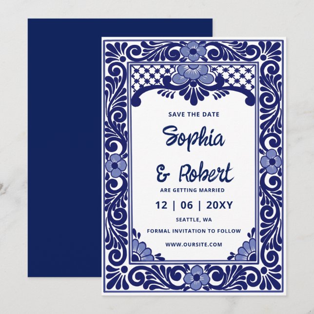 Mexican Fiesta Navy Blue Talavera  Save The Date (Front/Back)