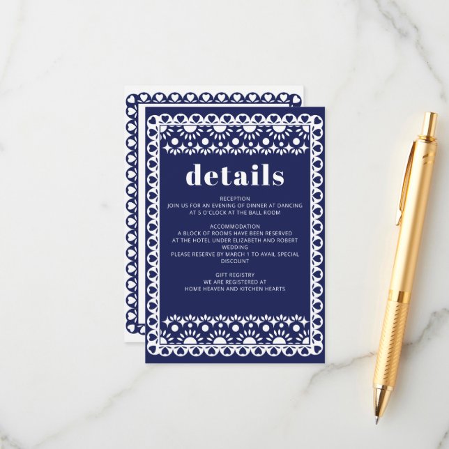 Mexican Fiesta Navy Papel Picado Boho Wedding Enclosure Card (Front/Back In Situ)