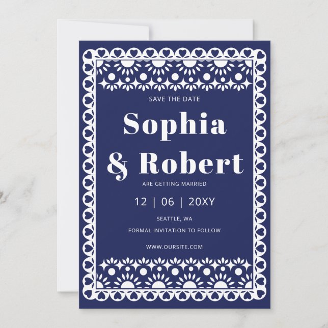 Mexican Fiesta Navy Papel Picado Boho Wedding Save The Date (Front)