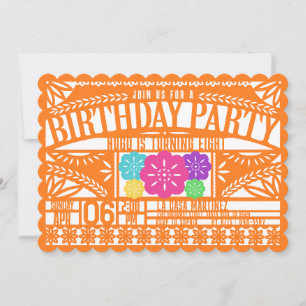 Mexican Fiesta Papel Picado Flag ORANGE Birthday Invitation