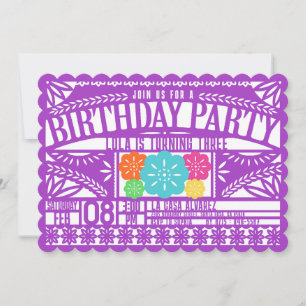 Mexican Fiesta Papel Picado Flag PURPLE Birthday Invitation