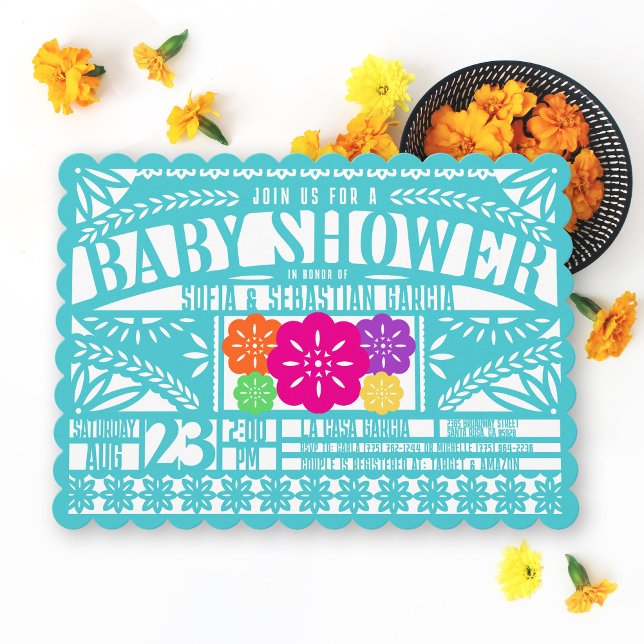 Mexican Fiesta Papel Picado Flag TEAL Baby Shower Invitation (Festive bright colorful teal fuchsia purple Mexican fiesta Papel Picado baby shower invitation )