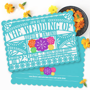 Mexican Fiesta Papel Picado Flag TEAL Wedding Invitation