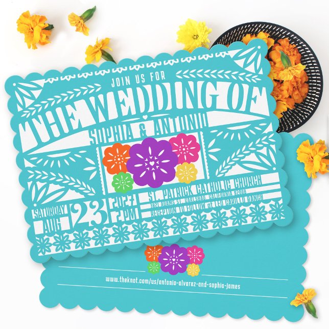 Mexican Fiesta Papel Picado Flag TEAL Wedding Invitation (Colorful teal papel picado Mexican heritage fiesta flag celebration scalloped wedding invitation )