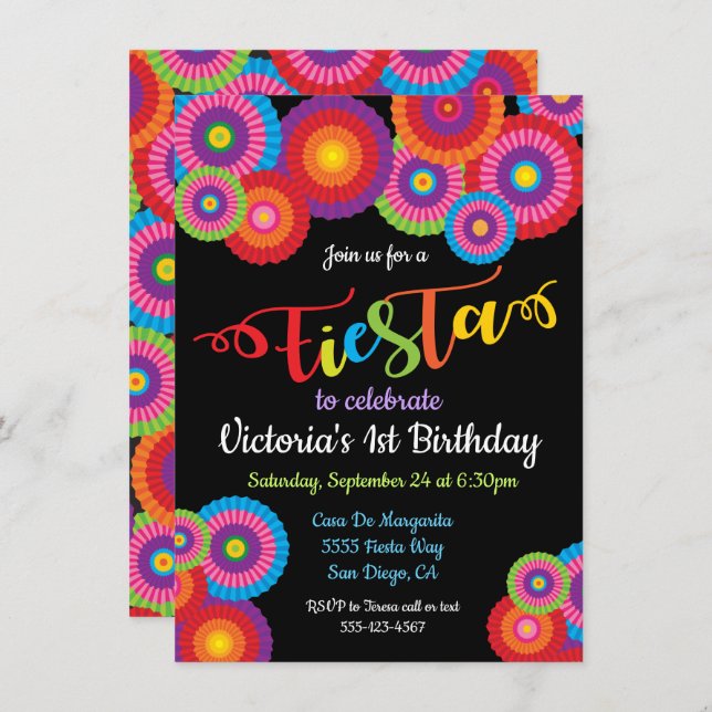 Mexican Fiesta Paper Flower Fans Invitations (Front/Back)