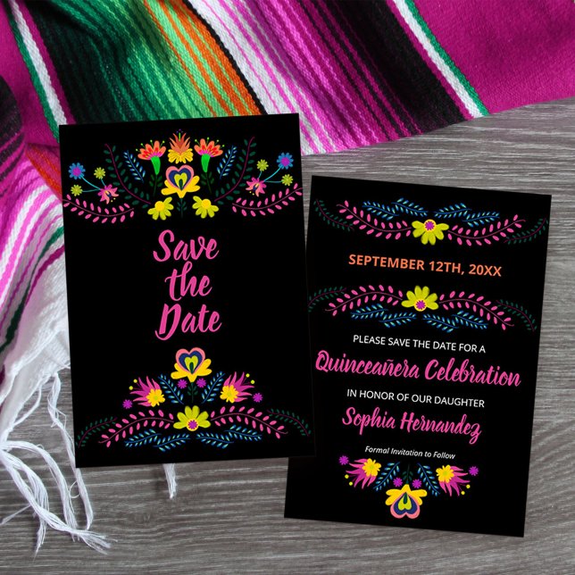 Mexican Fiesta Party Black Floral Save The Date (Colorful Save the Date postcard from my Mexican Fiesta Party collection)