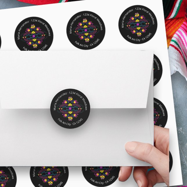 Mexican Fiesta Party Flowers Black Address Classic Round Sticker (Return address label envelope seals from my Mexican Fiesta Party Quinceanera Collection 
)