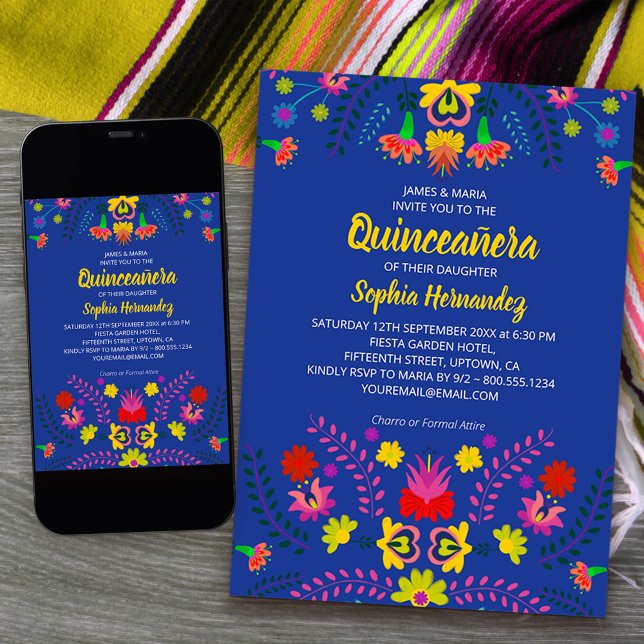 Mexican Fiesta Party Flowers Blue Quinceanera Invitation (Quinceanera Invitation from my Mexican Fiesta Party collection - order printed or printable download)