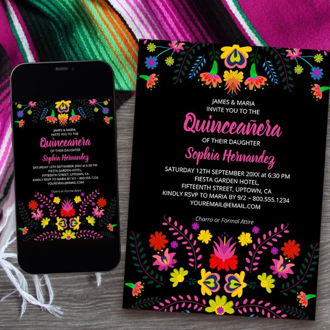 Mexican Fiesta Party Folk Art Flowers Quinceanera Invitation (Quinceanera Invitation from my Mexican Fiesta Party collection
available printed or download)
