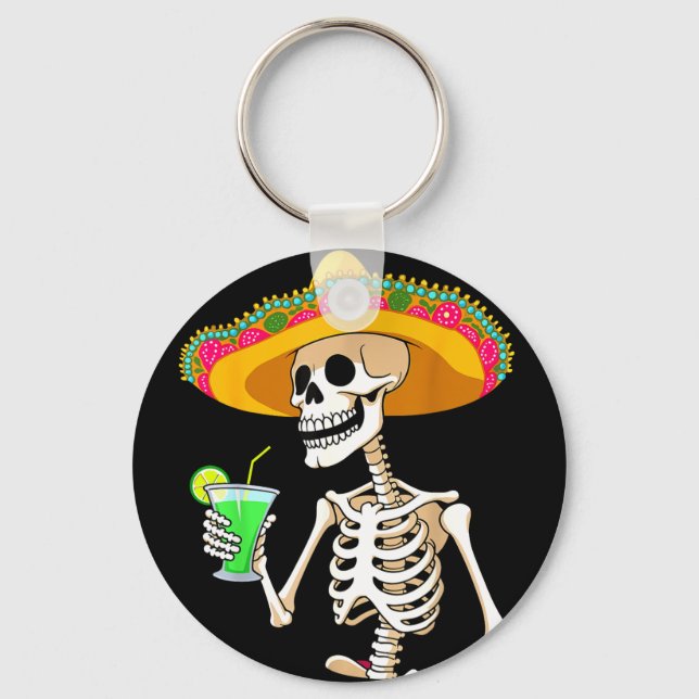 Mexican fiesta party skeleton sombrero cinco de key ring (Front)