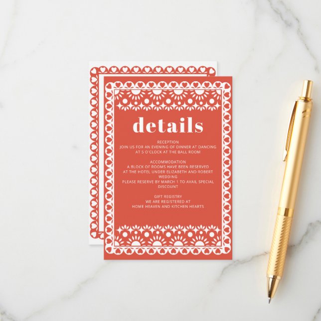 Mexican Fiesta Red Papel Picado Boho Wedding Enclosure Card (Front/Back In Situ)