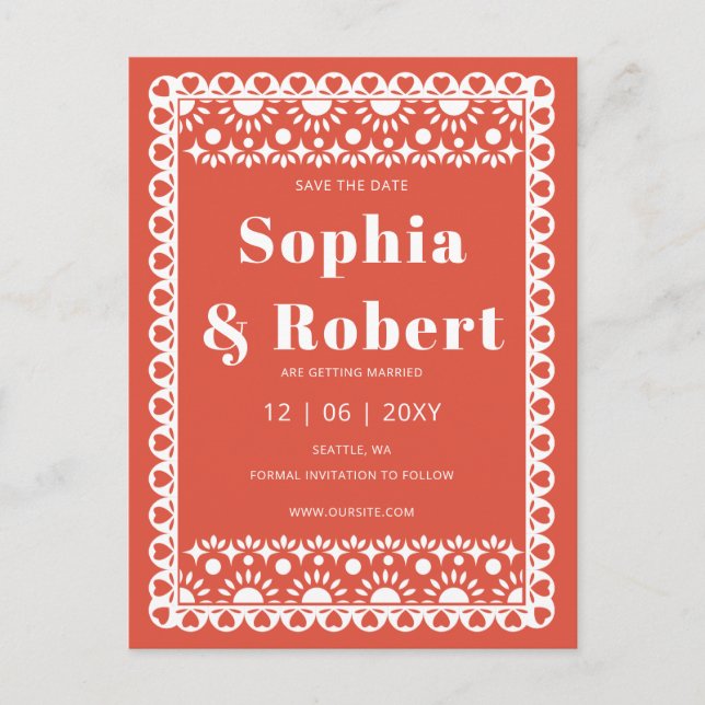 Mexican Fiesta Red Papel Picado Save the Date Announcement Postcard (Front)