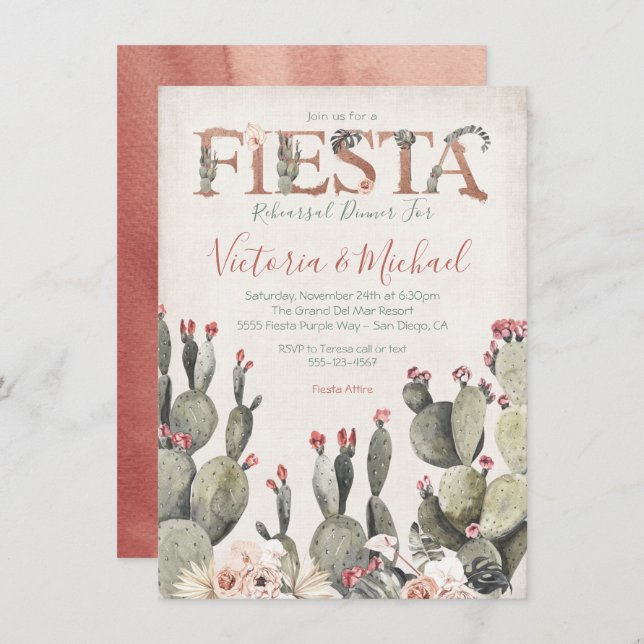 Mexican Fiesta Rehearsal Dinner Cactus Floral Invitation (Front/Back)