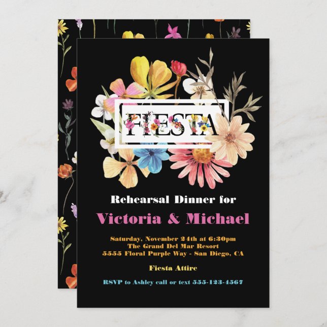 Mexican Fiesta Rehearsal Dinner Pressed Flowers Invitation (Front/Back)