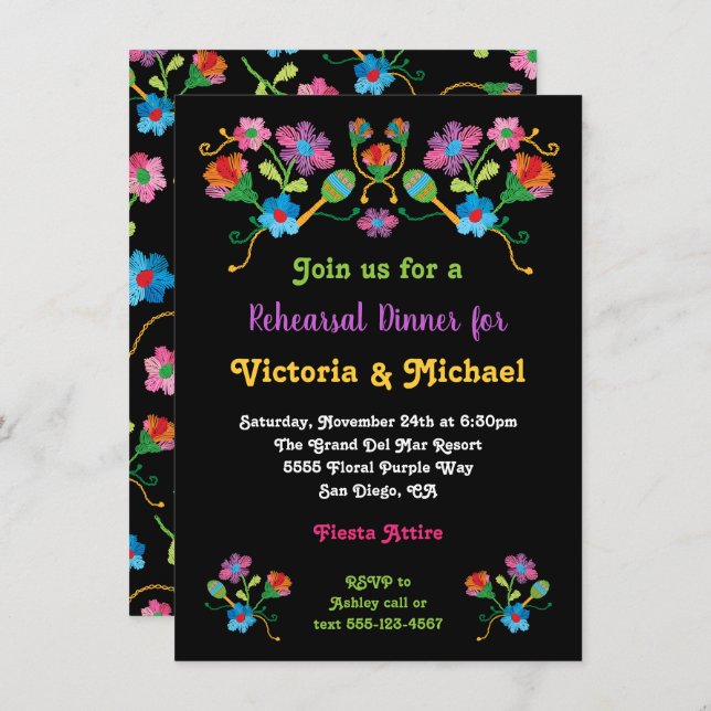 Mexican Fiesta Rehearsal Dinner with embroidery In Invitation (Front/Back)