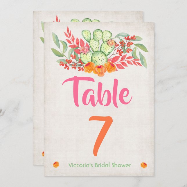 Mexican Fiesta Table number Watercolor Cactus (Front/Back)