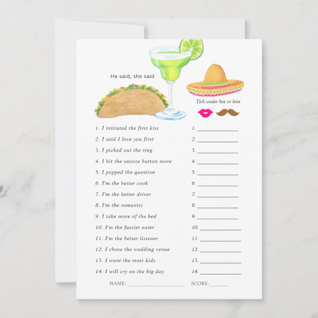 Mexican Fiesta Taco Bridal Shower Game Invitation (Front)
