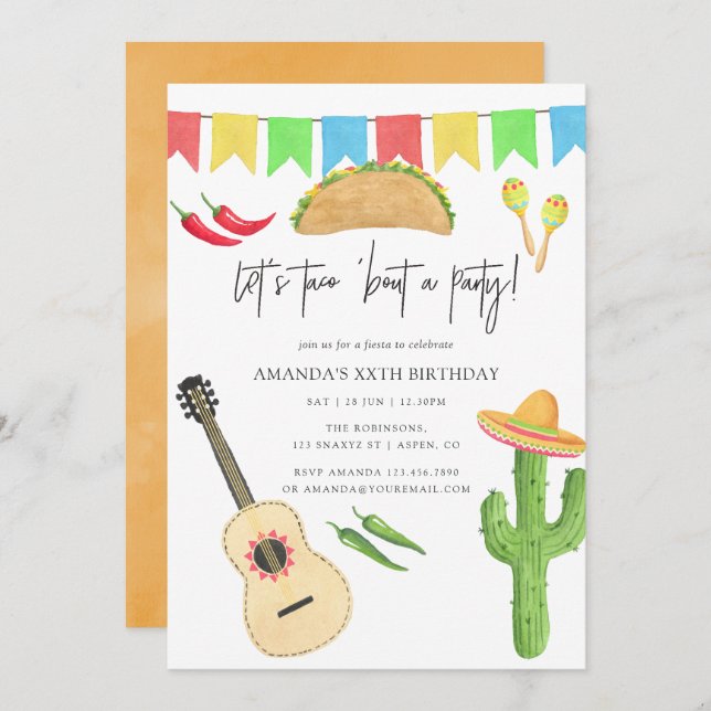 Mexican Fiesta Taco themed Birthday Party Invitation (Front/Back)