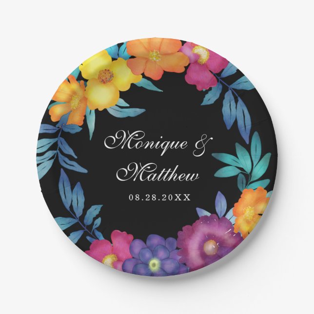 Mexican Fiesta Vivid Watercolor Florals Wedding Paper Plate (Front)