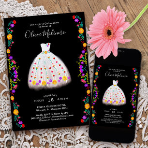 Mexican Fiesta White Floral Princess Quinceanera Invitation