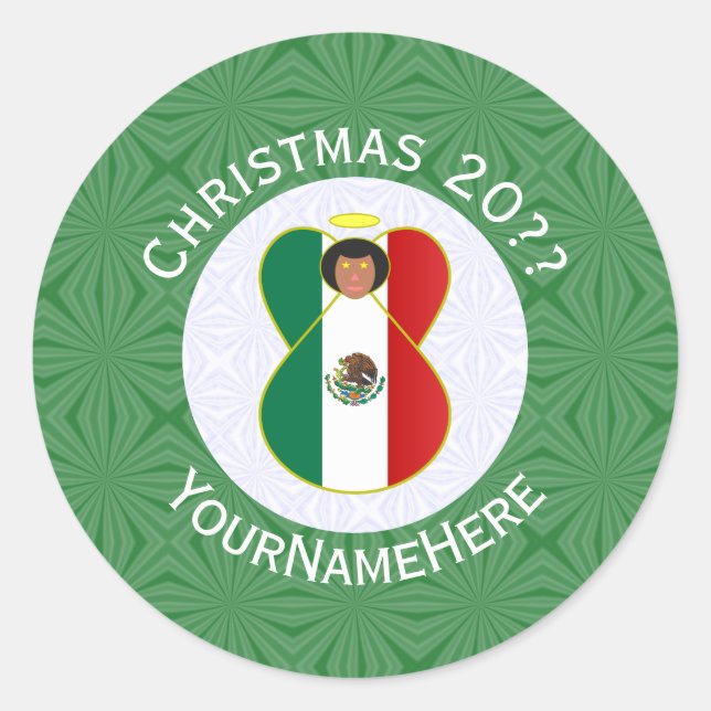 Mexican Flag Christmas Angel Personalised Classic Round Sticker (Front)