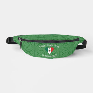 Mexican Flag Heart Green Background Personal Text Bum Bags