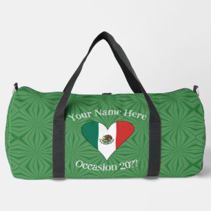 Mexican Flag Heart Green Background Personal Text Duffle Bag