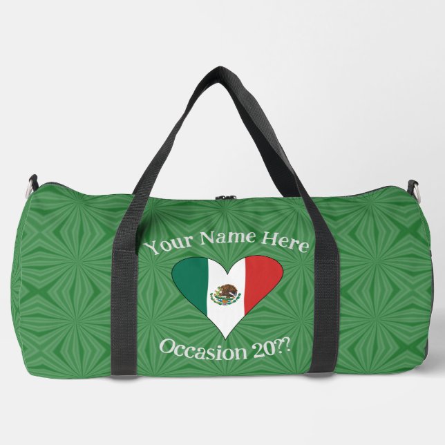 Mexican Flag Heart Green Background Personal Text Duffle Bag (Front)