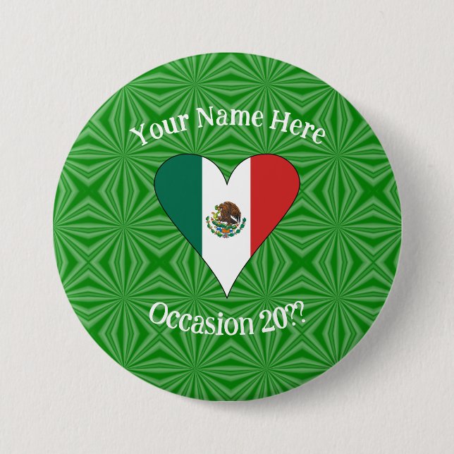 Mexican Flag Heart Green Background Personalised  7.5 Cm Round Badge (Front)