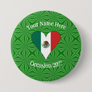 Mexican Flag Heart Green Background Personalised 7.5 Cm Round Badge