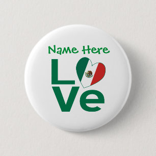 Mexican Flag Heart Green LOVE Personalised 6 Cm Round Badge