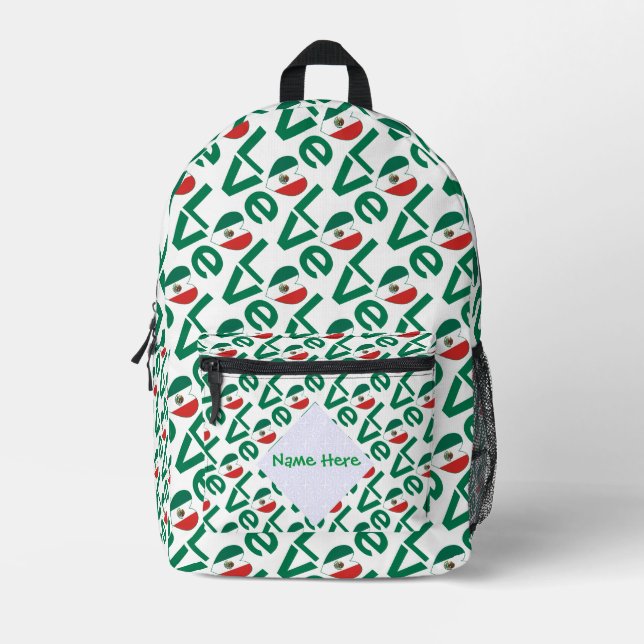 Mexican Flag Heart Green LOVE Tiled Personalised  Printed Backpack (Front)