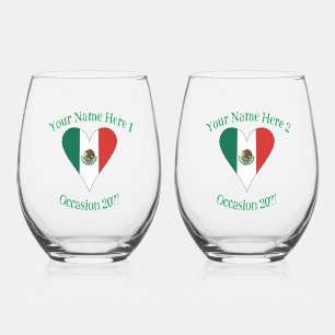Mexican Flag Heart Personalised Drinking Stemless Wine Glass