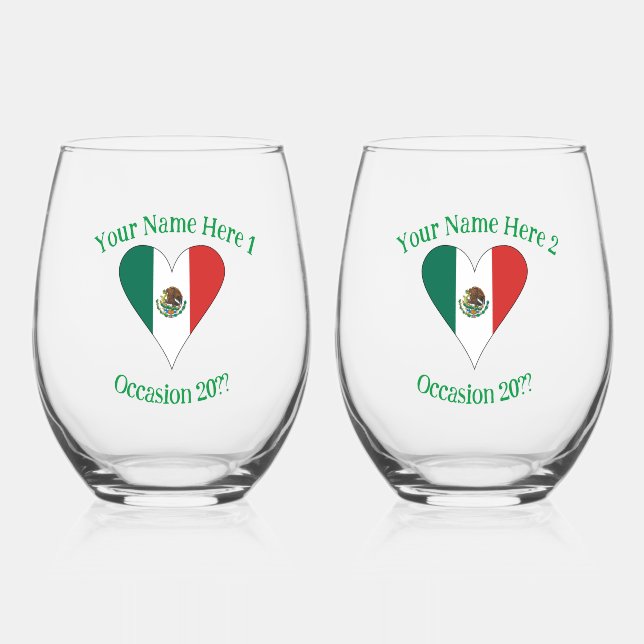 Mexican Flag Heart Personalised Drinking Stemless Wine Glass (Front)
