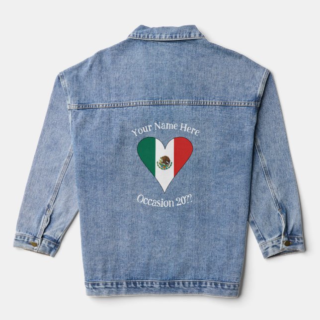 Mexican Flag Heart White Personalised Text  Denim Jacket (Back)