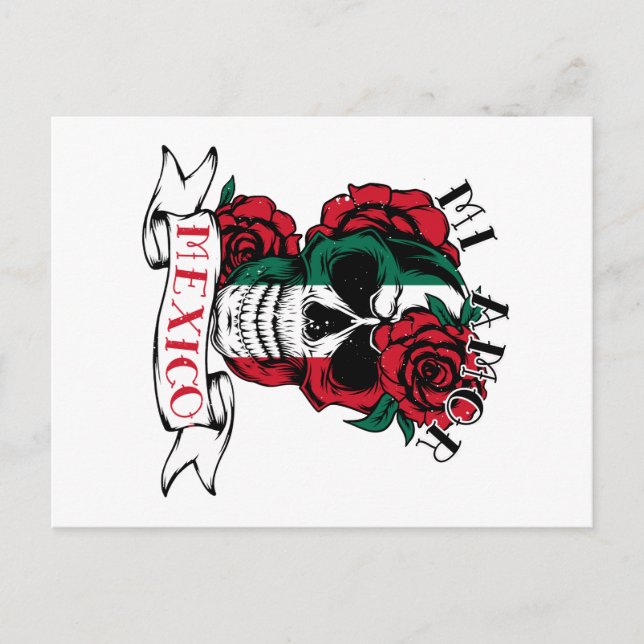 Mexican Flag Independence Day Mexico Skull Roses Postcard (Front)