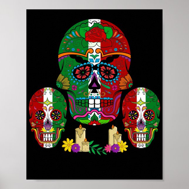 Mexican Flag Skull Dia De Los Muertos Day Poster (Front)