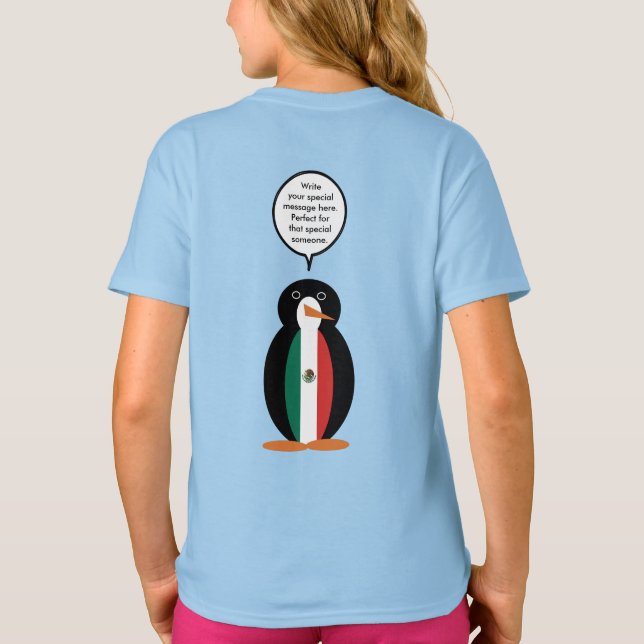 Mexican Flag Talking Ms. Penguin Girls' T-Shirt (Back)