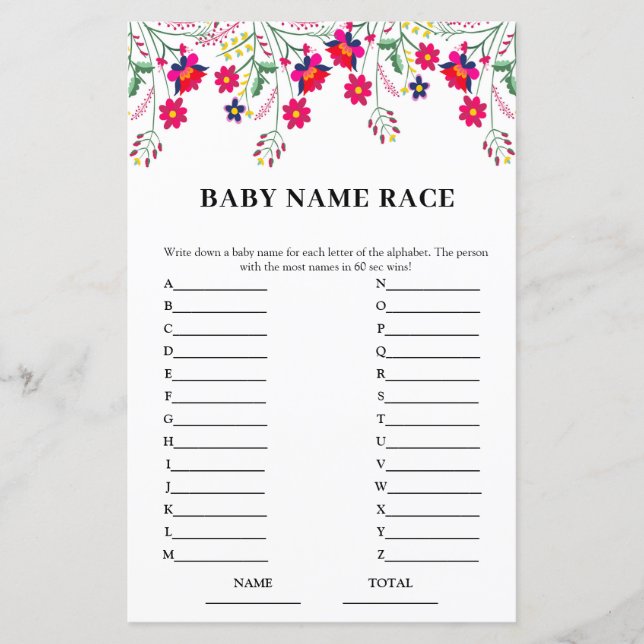 Mexican Floral Baby Name Race Baby Shower Game (Front)