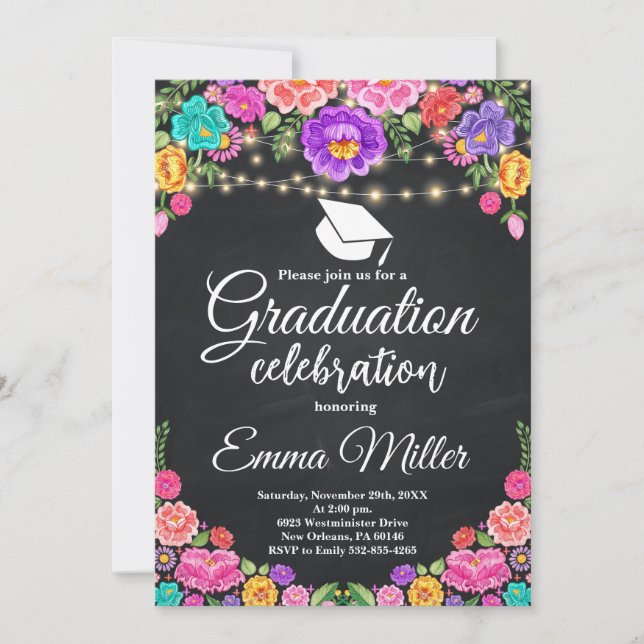 Mexican Floral Chalkboard Graduation Party Invitation (Front)