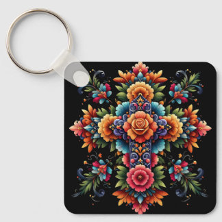 Mexican Floral Cross Design Key Ring