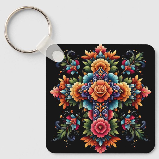Mexican Floral Cross Design  Key Ring (Front)